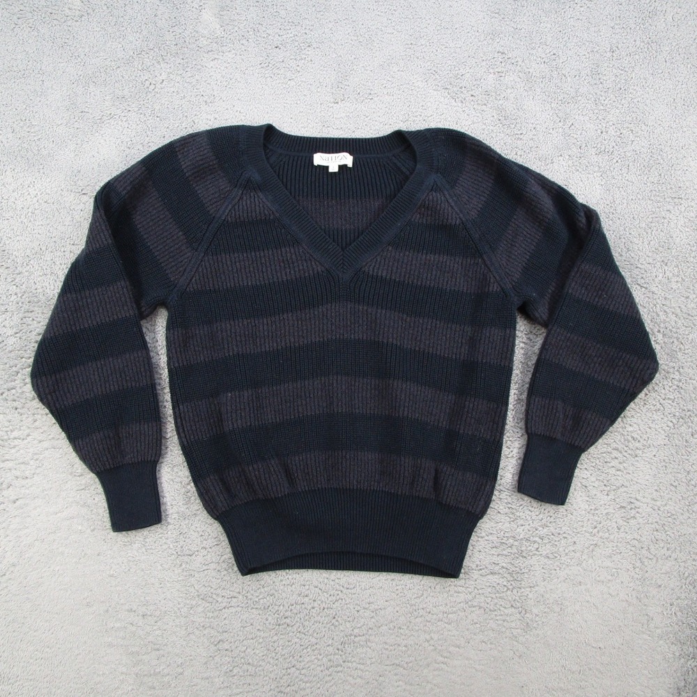 Nation LTD Los Angeles Womens Striped V-Neck Raglan Sweater Navy Grey Small